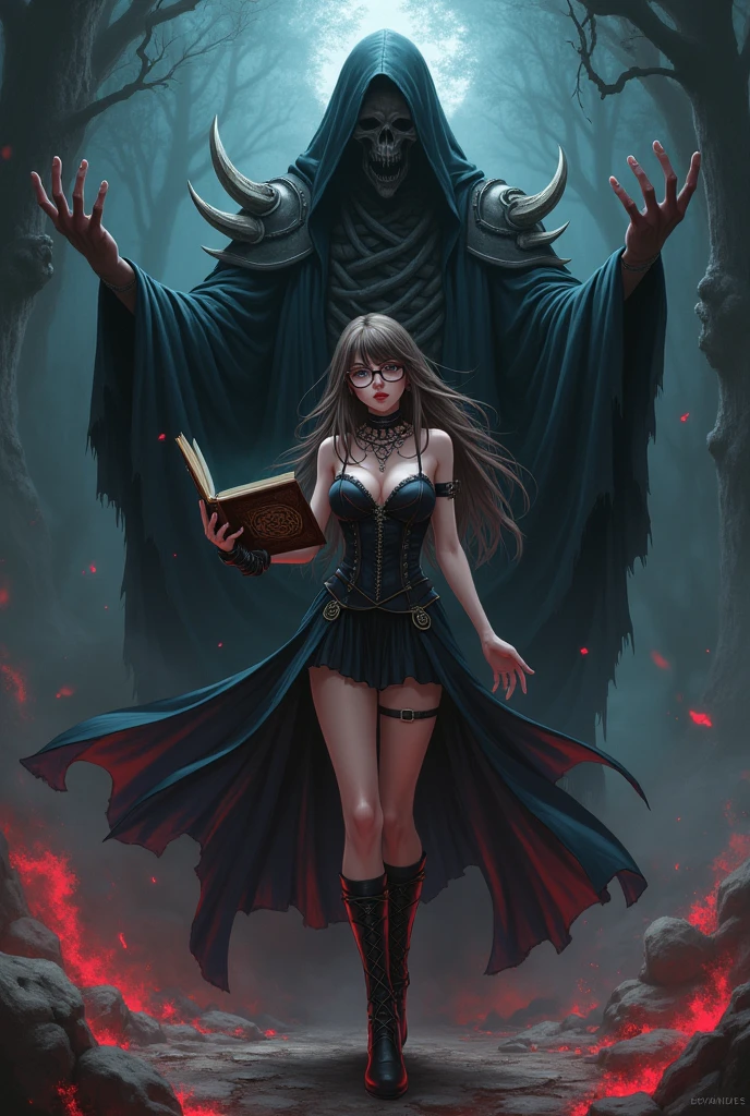 Caucasian female, big-ass, long brown straight hair with bangs, dark shaped eyes, round eyeglasses, with black corset, Black Skirt, above all, black socks and black boots, holding a leather book and casting magic next to the God of Death, アニメ