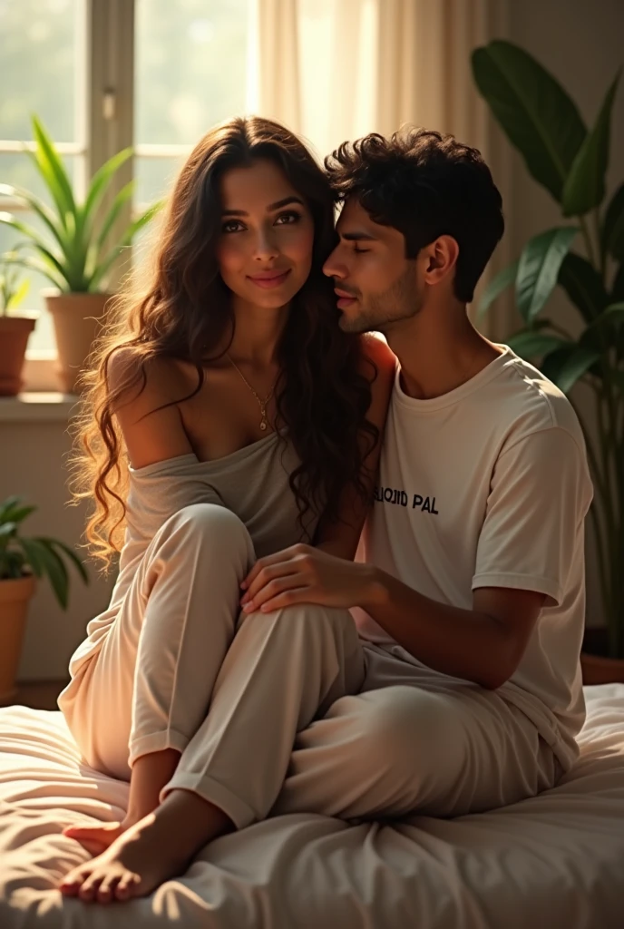 (photorealism:1.2), beautiful woman, sitting on bed,  with her bf saurabh pal t shirt me likha ho 
wearing loose off-shoulder top, pajama pants, long curly hair, indoors, soft lighting, plants in background, window with sunlight, cozy room, relaxed pose
, realistic, intricate details, warm colors, by Greg Rutkowski, by Alphonse Mucha an boy ke t shirt me saurabh and girl ki t shirt me surbhi pal likha hai 