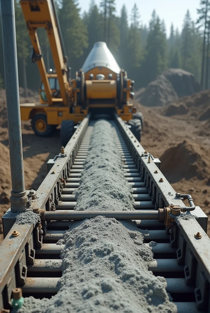 a conveyor belt with a built-in scale that leads to a concrete mixer and also has a quartering system   