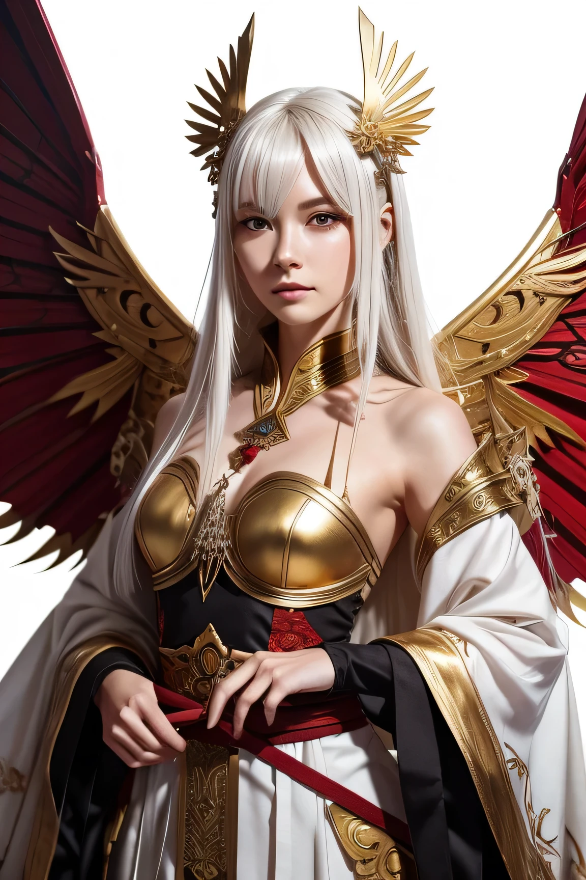 a close up of a woman in a costume with a sword, onmyoji detailed art, g liulian art style, from arknights, trending on artstation pixiv, by Yang J, cushart krenz key art feminine, guweiz on artstation pixiv, rossdraws sakimimichan, onmyoji, prompt:fantasy character with white, slightly tousled hair, pale skin, striking red eyes, intricate golden vine-like patterns, large red and gold wings, highly detailed, elegant, yet fierce, latar belakang di lautan, dan awan mendung berpetir