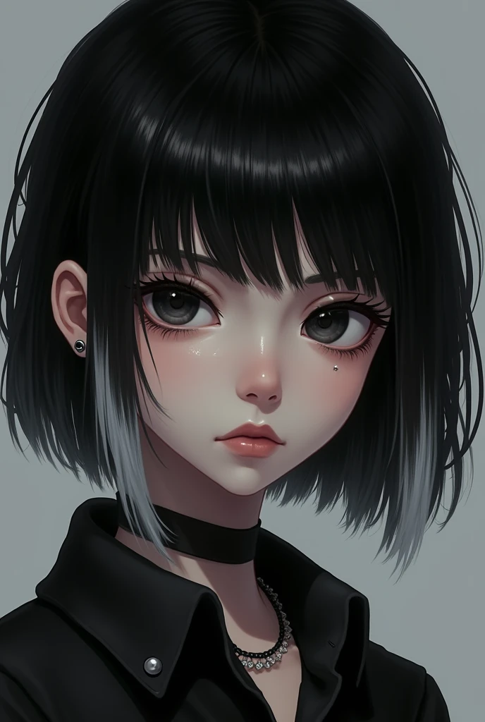 A 19-year-old girl, white, short wolfcut-style black hair with white highlights, black eyes, slight circles under her eyes, slightly long eyelashes, tired-looking eyes, three piercings in each ear.