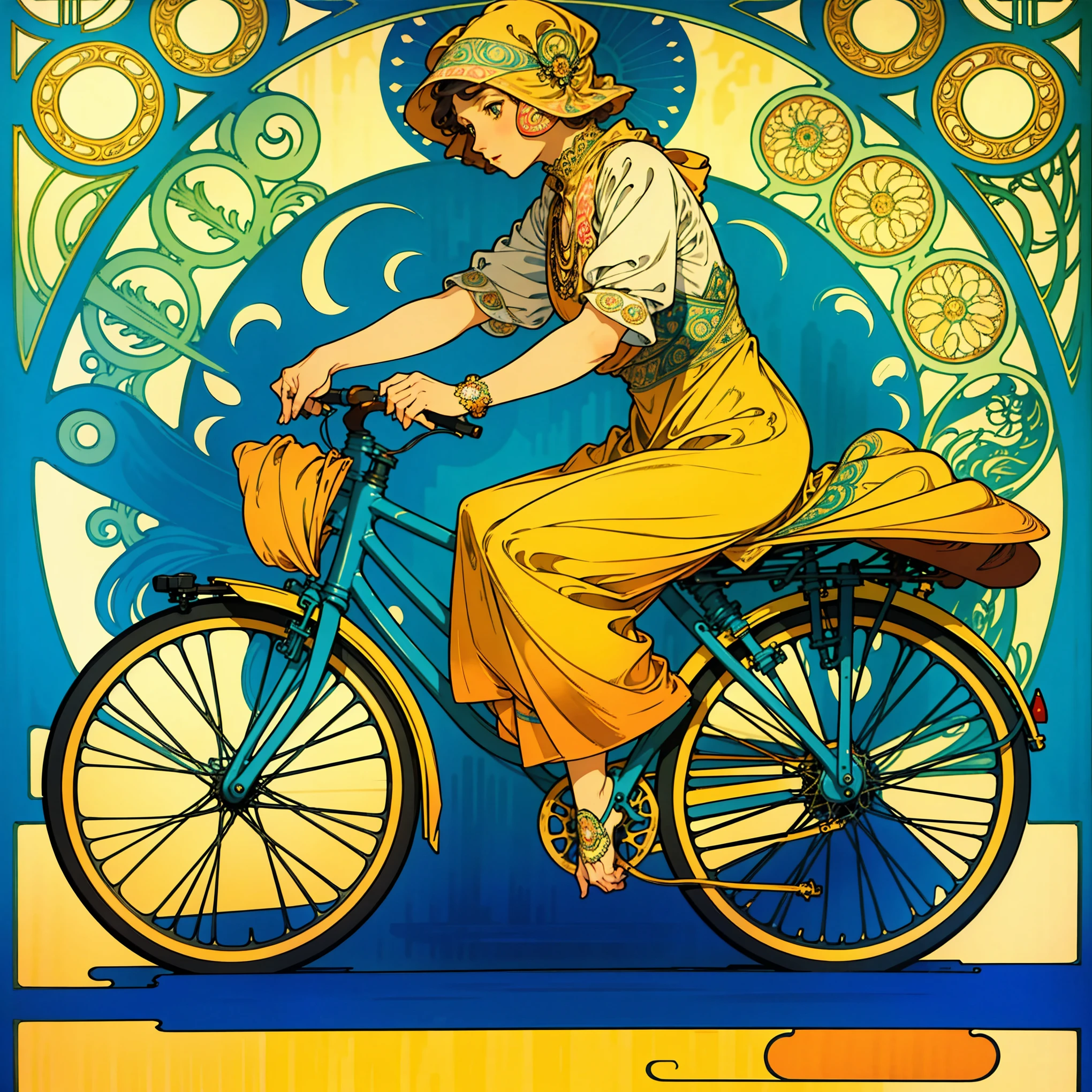 illustration of detailed  (bicycle:1), material, Coloring, art, Beautiful picture, Background adorned with natural ornaments, Colorful colors, Decorated in Art Nouveau style, (Mucha style:1.4), Perfect details, Genuine.