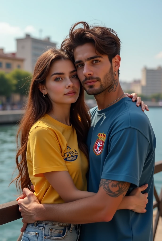 Foto realista de una pareja ella de pelo largo castaño y ojos grises remera de boca juniors el chico remera de river plate con aritos en la nariz y tatuado abrazados en la costanera