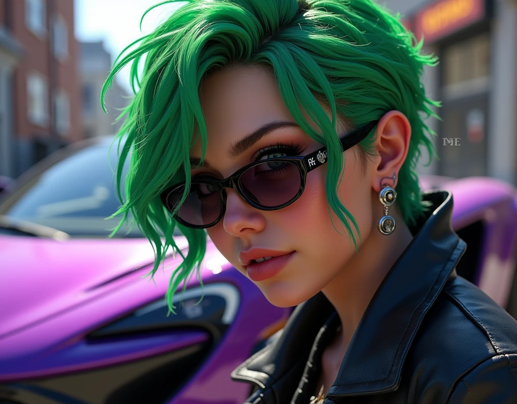 a close up of a person with green hair and sunglasses, style of gta v, as a character from gtav, gta5 style, gta v style, gta character, jerma985 as the joker, as the protagonist of gta 5, gta 6 style, ! split hair dye!, gta v character, gta 5 skin tone, gta v street style the sports car in back ground which color is purple and half body pic
full body picture and car is in front
the man with short hair and the car is mclaren p1 in purple car