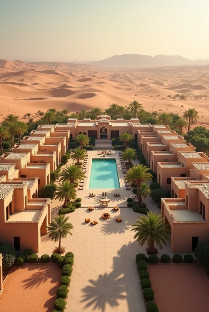 So big desert traditional resort with hundreds of villas in it with plain sitting area in the center of the resort with two side road view from the out side of the resort more villas in it with out side look also with two entrance with hundreds of rooms with a hall in the center full view with out pool