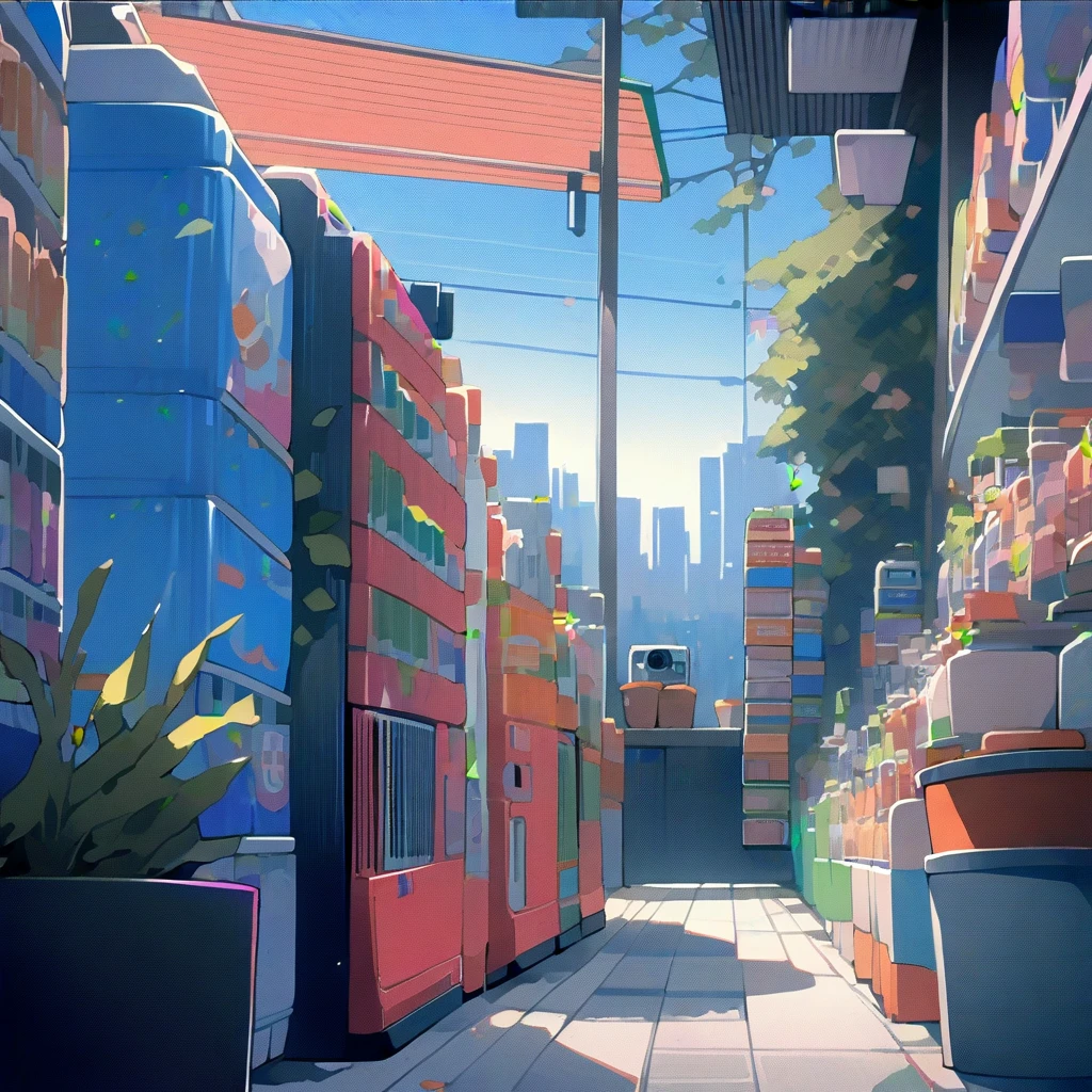 ((modern tokyo convenience store with a big vending machine outside: 1.3)) , ((camera facing the front of the store:1.2)), detailed anime artwork, urban, tokyo anime scene, ((bright blue sky: 1.0)), extra detailed, very detailed, japanese shop banners, plant pots, trash cans, anime style, anime, lofi, lofi vibe, ((best quality:1.5)), ((masterpiece:1.5)), ((highly detailed:1.3)), ((anime aesthetic:1.2)), ((no one: 1.2)), ((no people: 1.2))