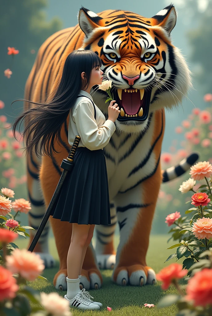 created a very real 3D painting image, a beautiful 17 year old long-haired Japanese woman, wearing a long-sleeved white shirt, black plisket skirt, long white socks and sneakers, a katana on her back, holding a white rose and kissing the flower, looking forward with a sharp gaze, standing and leaning on the body of a giant tiger with a fierce face, sharp fangs with a wild gaze, beautiful flower garden background with dazzling colorful flowers, image with a touch of 3D quality, cinematic, photographic