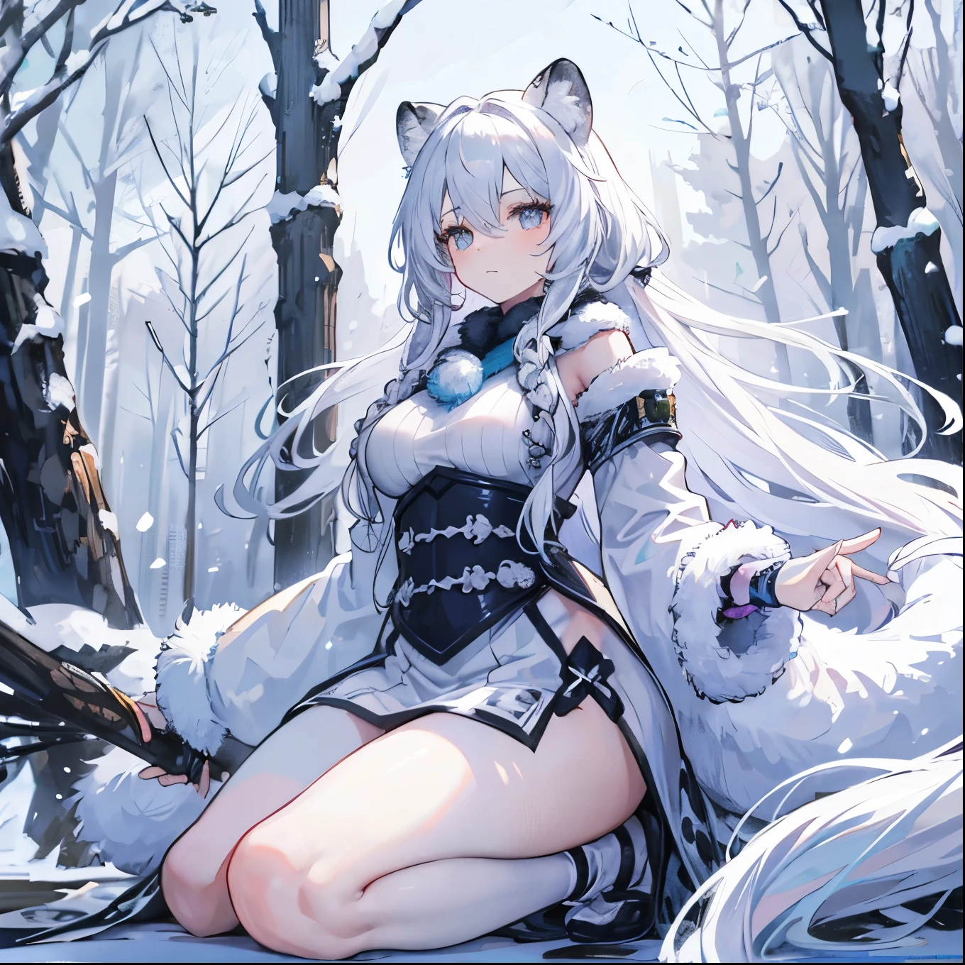 1 female, snow leopard demihuman, pretty, adult female, fluffy ears, narrow eyes, cold stare, fluffy tail, snow leopard ears and tail, human body, silver eyes, curly messy white hair, inside a snowy forest background, a anime artstyle, detailed, wearing a fluffy coat, semi-realism, adult female, HD, soft colors, unique posing, dynamic camera angle, dynamic.