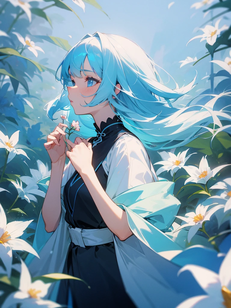 A girl,Light blue hair,Light blue eyes,Smell the flowers,Wearing fashionable clothes