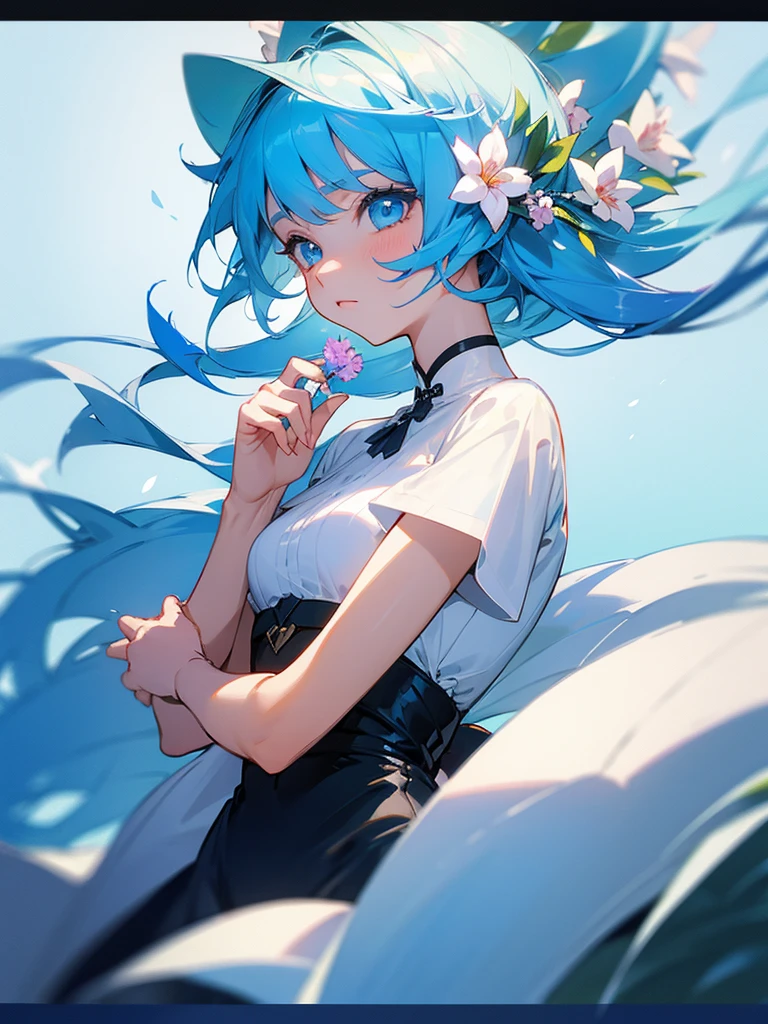 A girl,Light blue hair,Light blue eyes,Smell the flowers,Wearing fashionable clothes