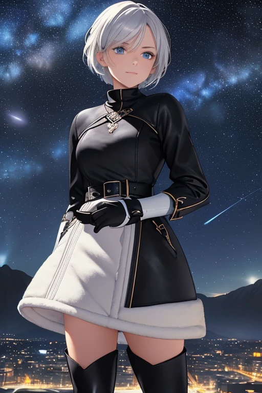 A lady with silvery short hair and blue eyes, scornful smile, Condescending look, Gazing at the viewer, Highly detailed and realistic, masterpiece quality, Very detailed, High resolution, Vibrant colors, Physically Based Rendering, High-definition background, (distance view:1.5), (starry sky:1.3), (white sweater), ehite coat, (wearing black knee high long boots:1.5)