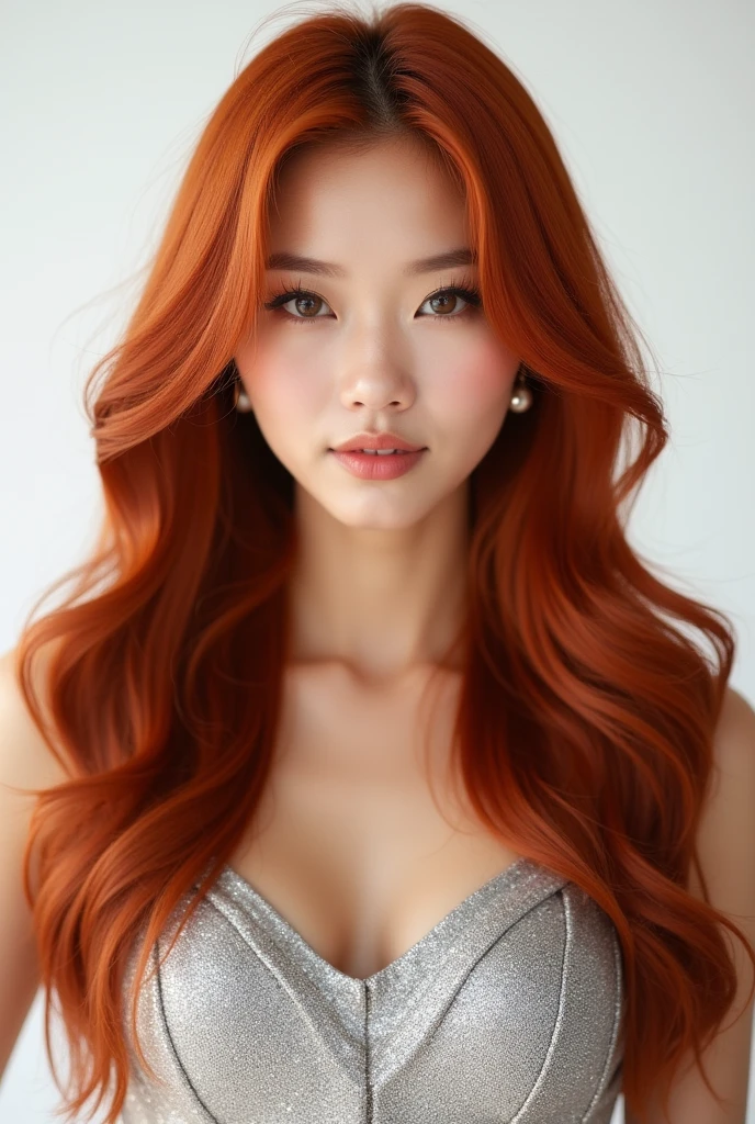 close up of jenny kim, with a white background behind her, a proud look and long, bright red hair with a silver dress