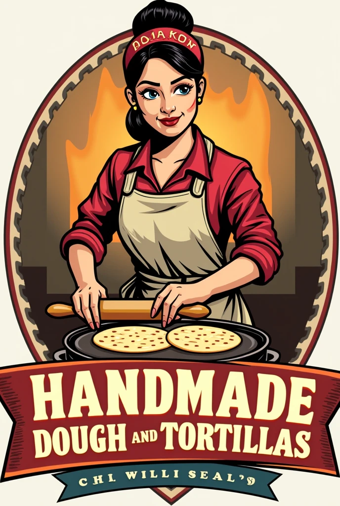 Logo for a business selling handmade dough and tortillas, Woman preparing tortillas by hand, on a griddle with fire, The tortilla looks very tasty and appetizing , with the written text "HANDMADE DOUGH AND TORTILLAS" in capital letters and in bright color