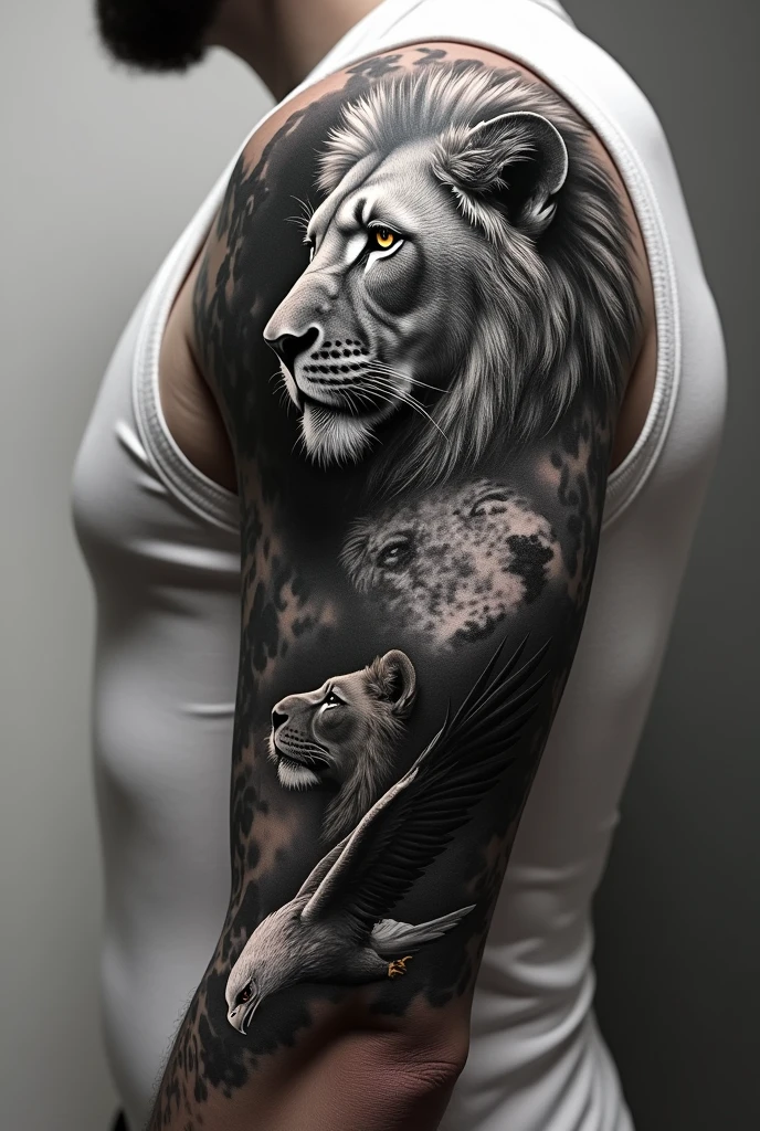 Imagine a black and gray arm closure, where a male warrior angel, with a firm gaze and imposing wings, dominates the shoulder. Going down the biceps, the face of a lion appears with a fierce and powerful expression, her flowing mane with realistic details symbolizing royalty and strength. on the forearm, an eagle in full flight spreads its wings, capturing the feeling of freedom and precision. Each element is perfectly integrated, creating a composition that exudes masculinity, power and beauty in an impactful and unique work.