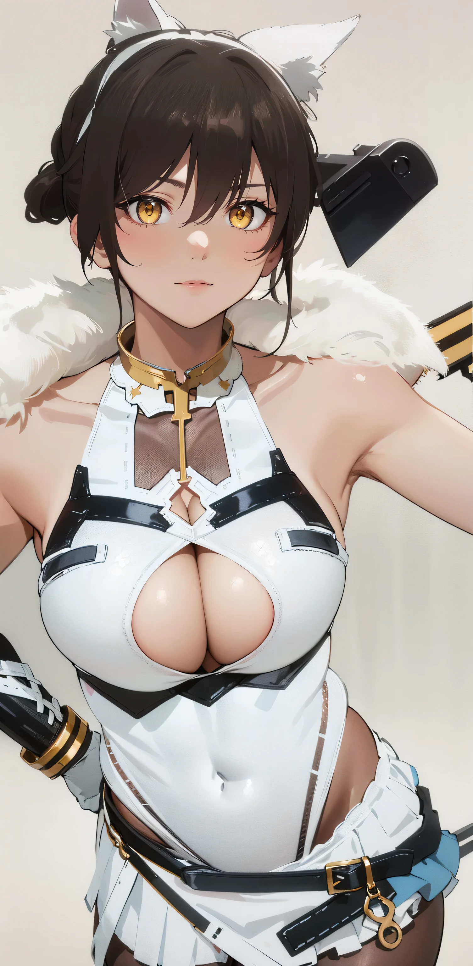 nsfw,1girl,solo,huge breasts,looking at viewer,a japanese sexy cosplayer girl,JAV actress,a sexy woman with gigantic breasts in costume with japanese sword strapped to her waist,enako,a woman cosplaying with white highleg leotard and microskirt,standing,taimanin,as Takao(azur lane),looking at viewer,slingshot swimsuit,holding sword in sheath,cleavage cutout,real skin,vein stands out on breasts,cleavage,huge breasts,wide hips,black hair,elbow_gloves,long ponytail hair,yellow eyes,pantyhose,white thighhighs,hair bow,pleated skirt,highleg panties,cameltoe,photo realistic,closed mouth,very very narrow waist,(looking at viewer:1.8),white background,high resolution, 8k,(dynamic poses:0.8),Soft lighting,top-quality,high resolution,Unified 8K wallpapers,(beautiful detailed eyes:1.6),extra detailed face,Perfect lighting,cosplayer,enako,enakorin,akariniimura_jav,takao_\(azur_lane\), black_hair, pantyhose,race_queen, white_bow, cleavage_cutout, bodysuit, bare_shoulders, elbow_gloves,halterneck, white_swimsuit,high_heels,
