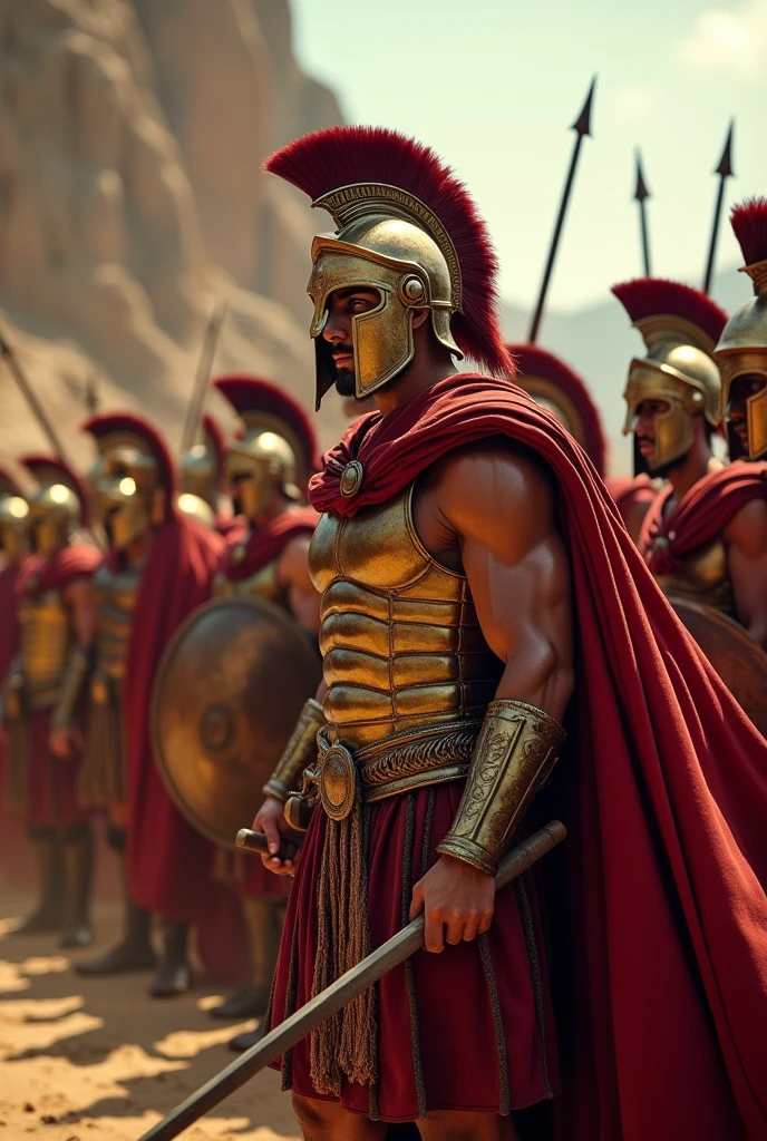 Create the image of several Spartans in their ranks to go to fight in battle