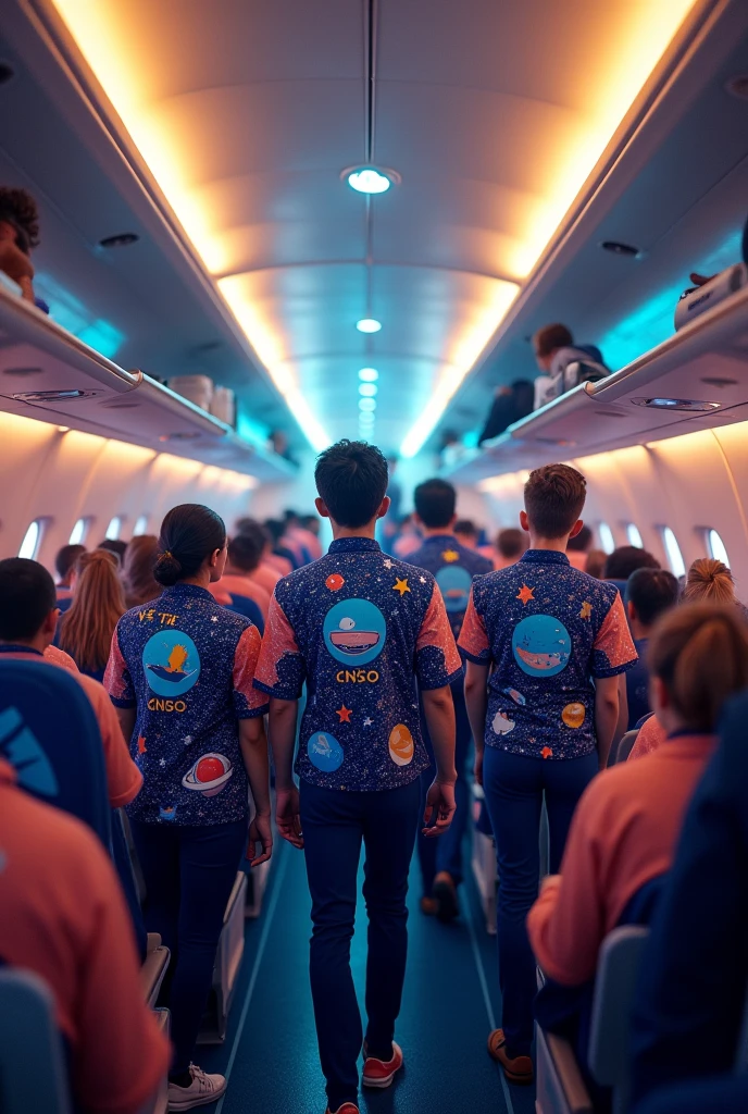 Create an image of an airplane from the inside with employees wearing large “Celestial” company shirts