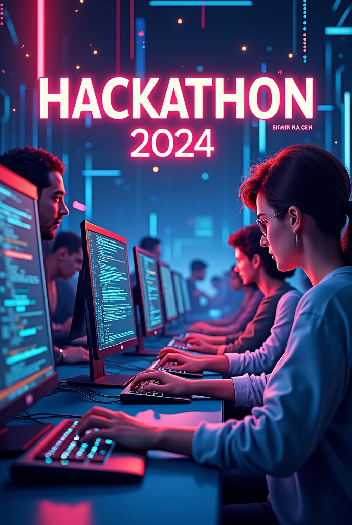 create a poster for hackathon 2024 including human characters coding on computers. "hackathon 2024" must be written on the poster along with a small inspiring quote