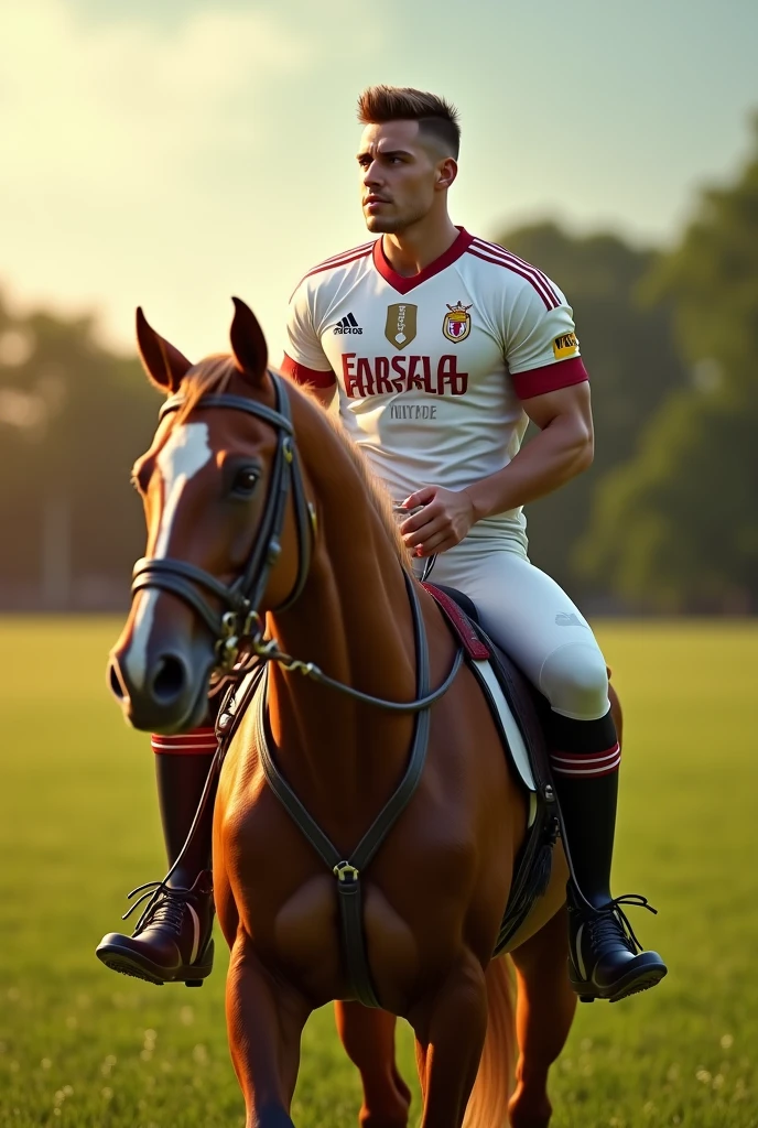 A man in a white team jersey on a horse
