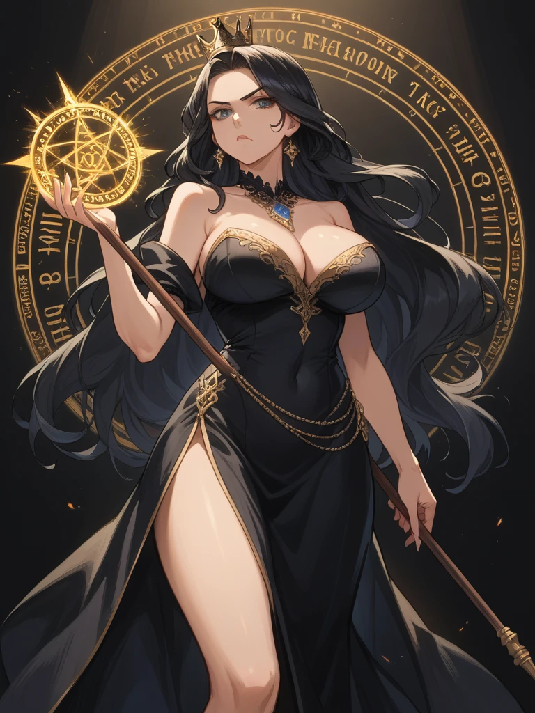 A masterpiece, very detailed, ultra-detailed, one (1 woman), she is in a long black dress with red details, with a slit on her legs, in her dragon hands she holds a long black wooden staff. With a black crown of twigs, and decorated with a light blue gemstone, long hair, black hair, beautiful, charming, golden magic circles in the eyes, elegant, huge breasts (big), serious face, charming, she stands against the background of magical circles.