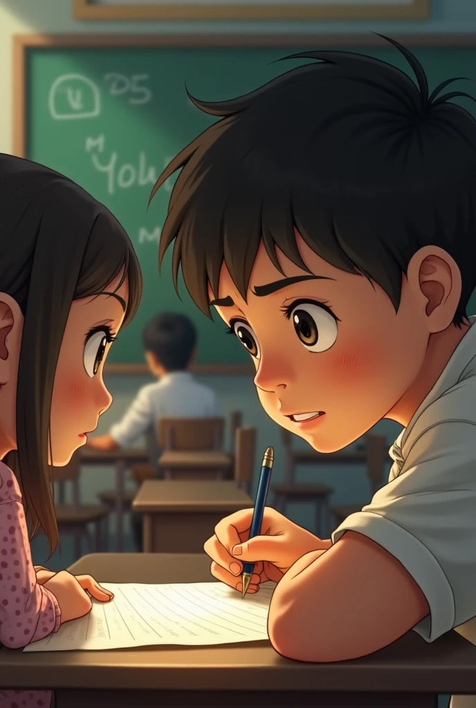 A boy is obsessed and staring at a girl while she is writing in class
