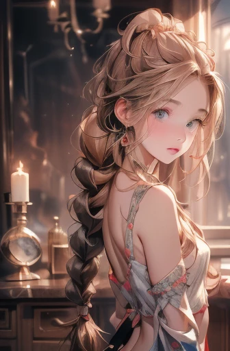 ((best quality)), ((masterpiece)), (detailed), 1girl, (big forhead:1.2),extremely detailed cute anime face, (((flat chest))), (flat chest:1.1),((((long twin braids,tight braids,long braid,braided hair,long hair)))),intricate eyes,beautiful detailed eyes,symmetrical eyes,(((detailed face))),beautiful detailed lips, looking at this, (((embarrassed))),(horrified expression),(panic),(crying),highres,(best quality),(ultra detailed,extremely detailed),perfect face details, ((masterpiece:1.4, best quality))+, (ultra detailed)+, long twintails, cute girl, (flat chest:1.1), small breasts, slim body, skinny, (narrow hips), prominent collarbones, skinny arms, flat stomach, visible hip bones, long hair, red hair, white hair, blonde hair, dark hair, ponytail, thick ponytail, heavy ponytail, small breasts, perfect face, small breasts (flat chest:1.1), long revealing gown,Detailed body,Full limbs,(from behind), (turning), (flat chest:1.1), nude