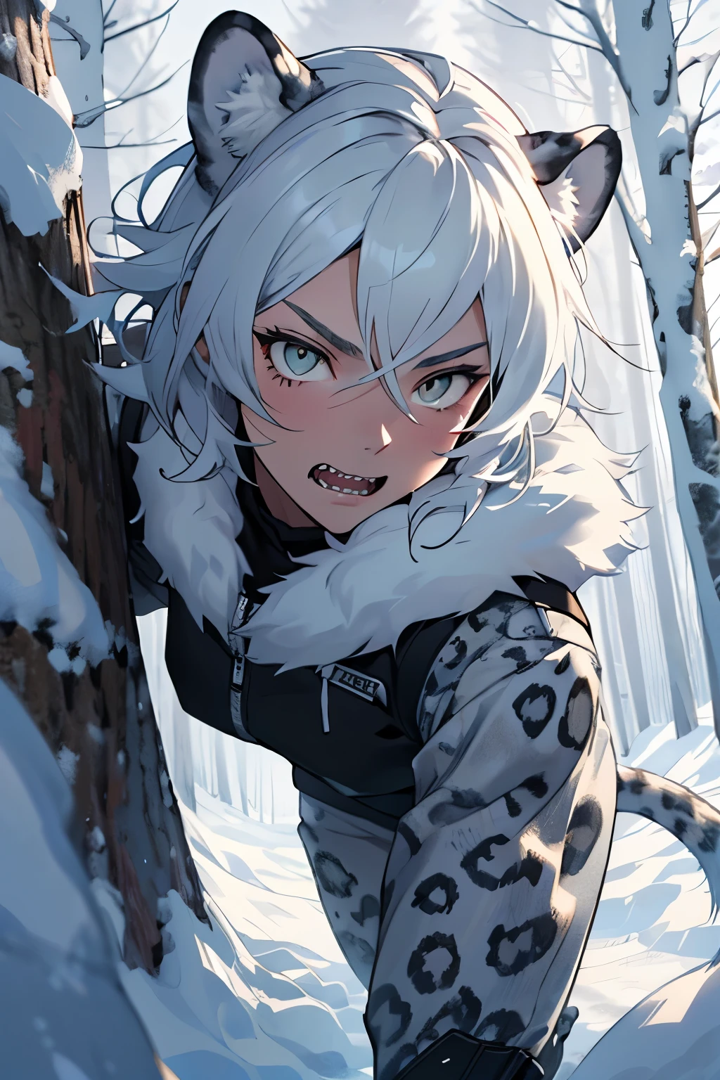 1 female, snow leopard demihuman, pretty, adult female, fluffy ears, narrow eyes, cold stare, fluffy tail, snow leopard ears and tail, human body, silver eyes, sharp teeth, curly long messy white hair, inside a snowy forest background, a anime artstyle, detailed, wearing regular clothes, semi-realism, adult female, HD, soft colors, unique posing, dynamic camera angle, dynamic, close up. Best quality, masterpiece.