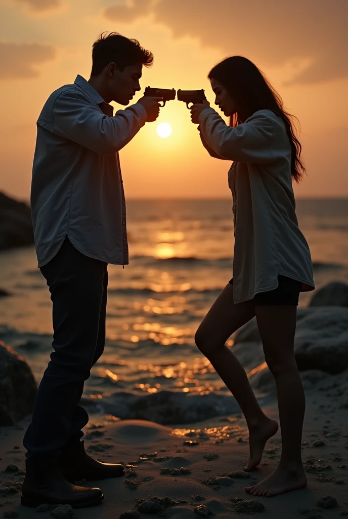 Shadow couple girl and boy shooting each others on each others heads straight hands dark aesthetic real sunset evening shore young 
 
