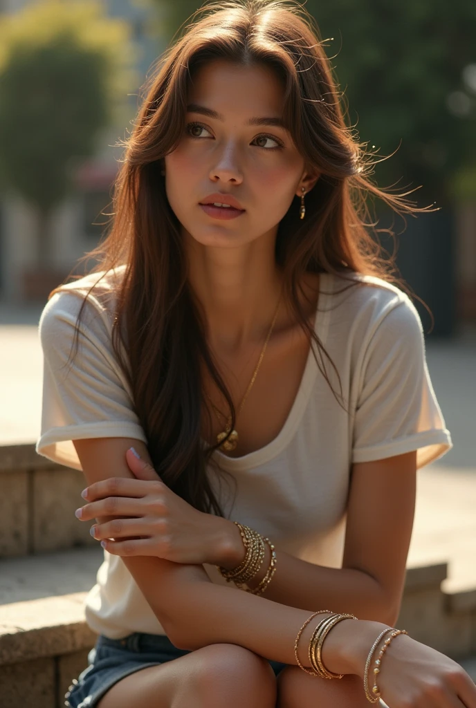 "A young woman is sitting on the steps, holding a glass in her hand. She has long brown hair that is parted in the middle, with the hair smooth and flowing down over her shoulders. She has a t-shirt on but showing a bit of skin and is wearing several gold bracelets."