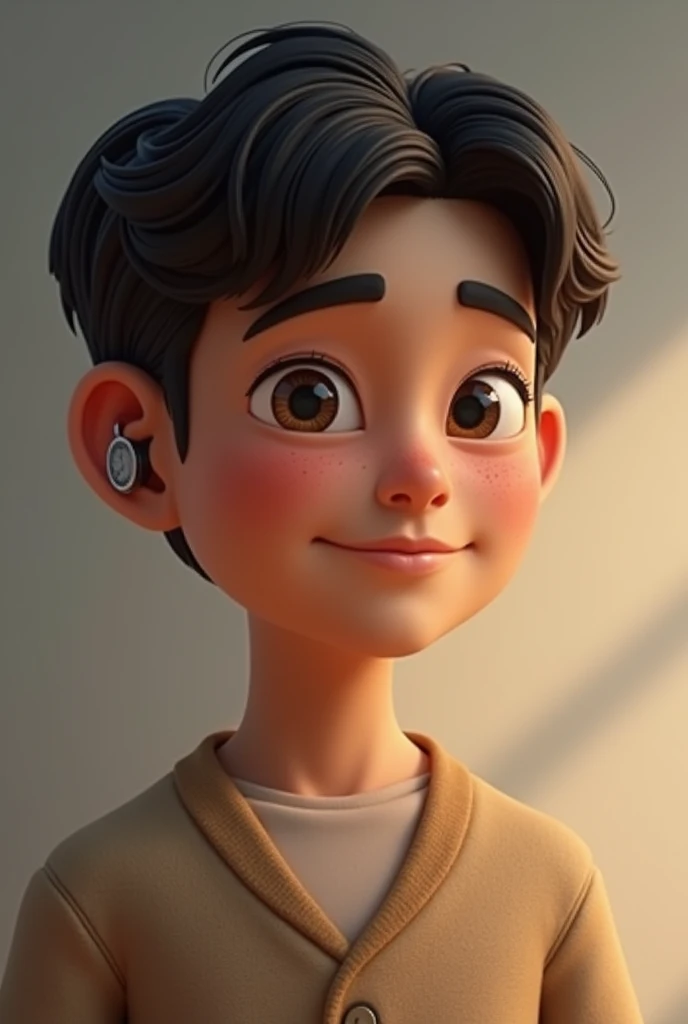 A young man with a hearing aid on his left side