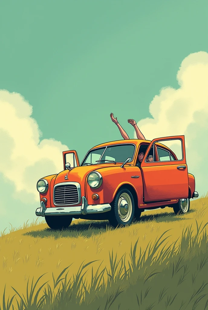 Help me with a picture of a car with the doors open on the doors clothes hanging in perspective on a hill with some legs sticking out of the car retro cartoon style