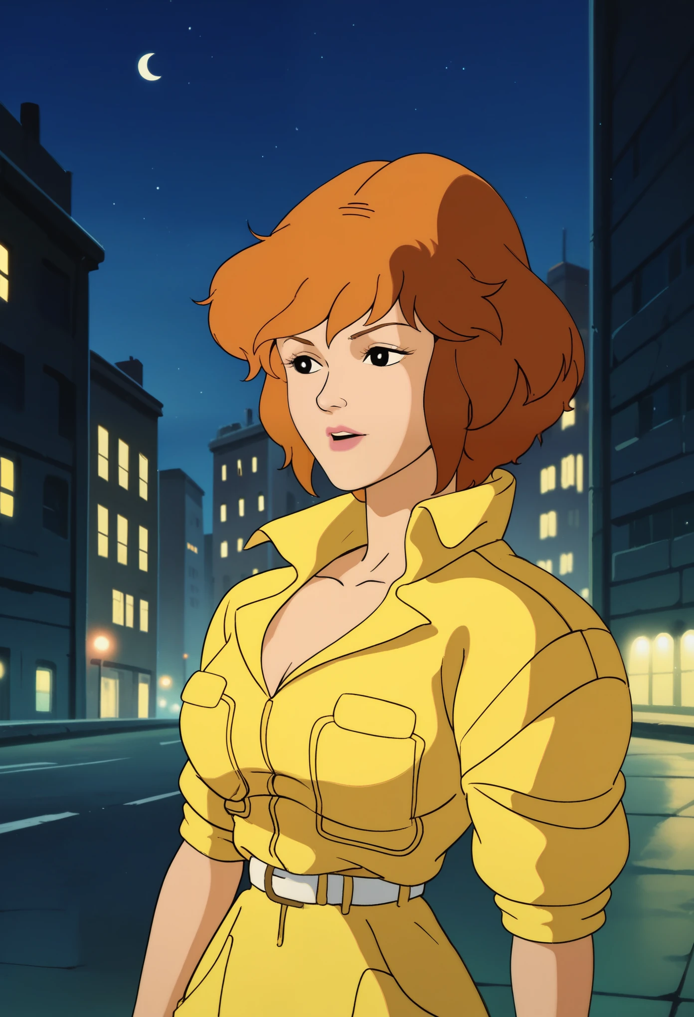 check_9, check_8_up, check_7_up,  
April Neil, yellow jumpsuit, White belt, 1 girl, One, (night), city at night, city background, upper body, retro buildings_artstyle, cartoon, source_cartoon, 1990-е годы_(style),