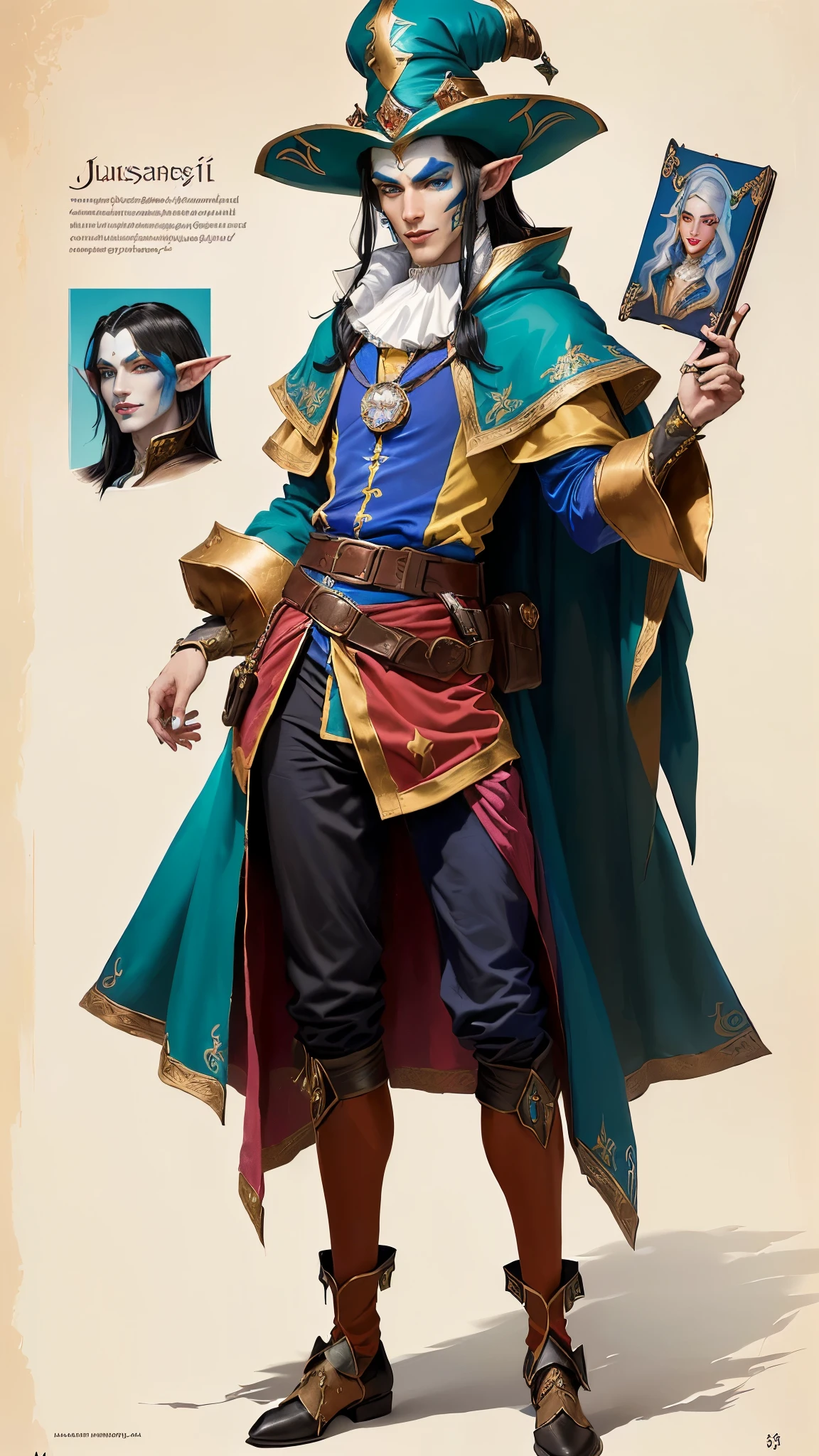 a woman in a costume and a hat, court jester in renaissance era, medieval jester, court jester, fantasy character art, bard jester character sheet, male jester, fantasy character design, fantasy character, complex fantasy character, inspired by Fra Bartolomeo, inspired by james christensen, gerald brom style, jester, jester themed, michael hussar, fantasy genre portrait, elf, high elf, elf character, black hair, dark hair, midnight hair, turquoise eyes, light blue eyes, cyan eyes colour, backpack, wearing a backpack, 6'3" tall, tall character, belt pouch, pouch on belt, coin pouch, clown makeup, face paint, wearing clown makeup, full body, show full character, full portrait art