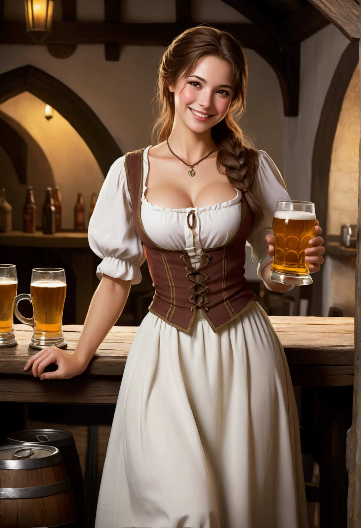 Rosey is a beautiful serving girl in a medieval tavern, she has brown hair, is bare footed, and wears a simple white shirt and skirt, 20 years. She smiles seductive while she carries a number of tankards cider 