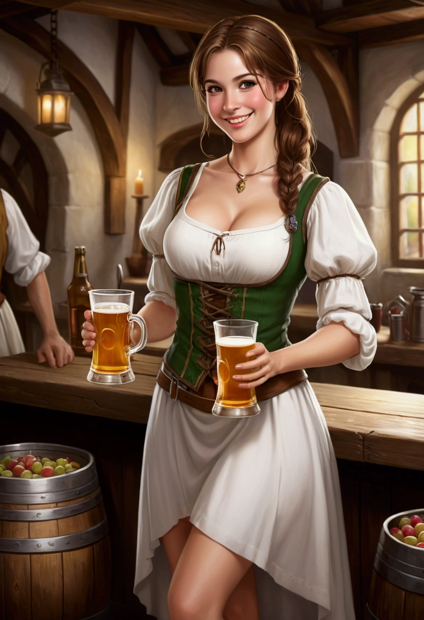 Rosey is a beautiful serving girl in a medieval tavern, she has brown hair, is bare footed, and wears a simple white shirt and skirt, 20 years. She smiles seductive while she carries a number of tankards cider