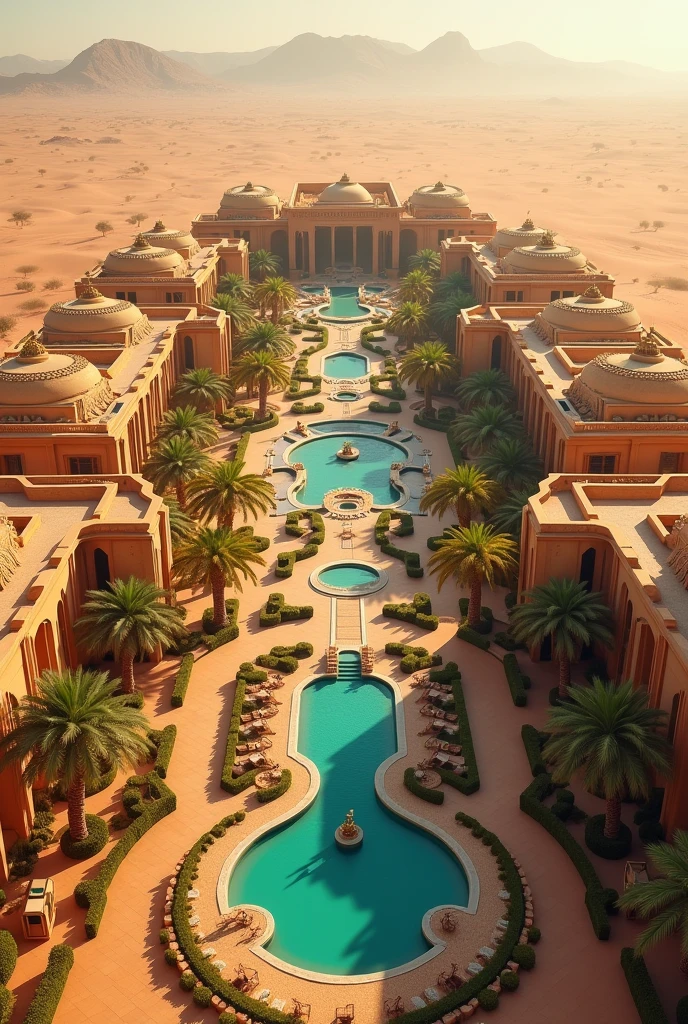 So big desert traditional resort with hundreds of villas in it with plain sitting area in the center of the resort with two side road view from the out side of the resort more villas in it with out side look also with two entrance with hundreds of rooms with a hall in the center full more bigger 