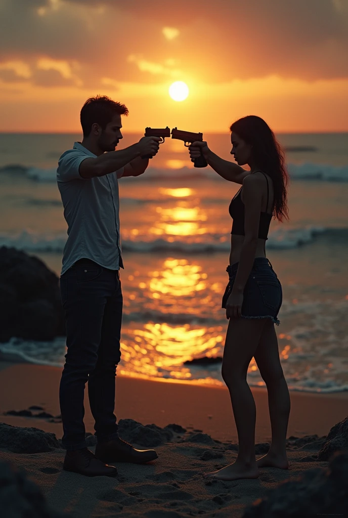 Shadow couple girl and boy shooting each others on each others heads straight hands dark aesthetic real sunset evening shore young 
 
