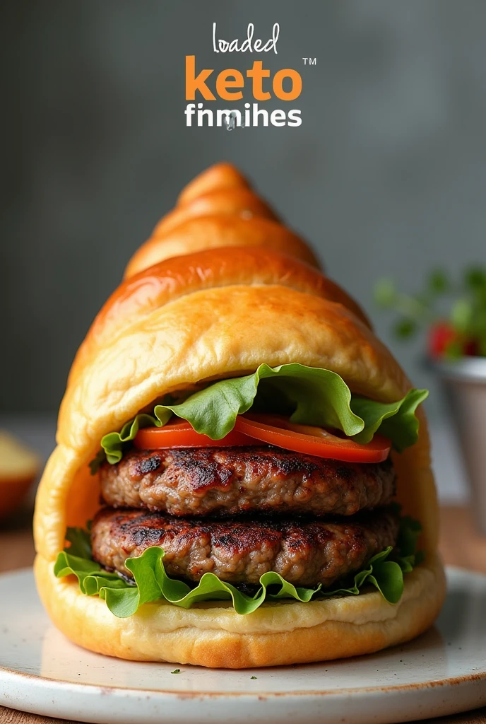 Cone with brioche bread dough stuffed with hamburger meat and salad, Add the text "Loaded Keto Burgers" and add the watermark "Delicious Menu"