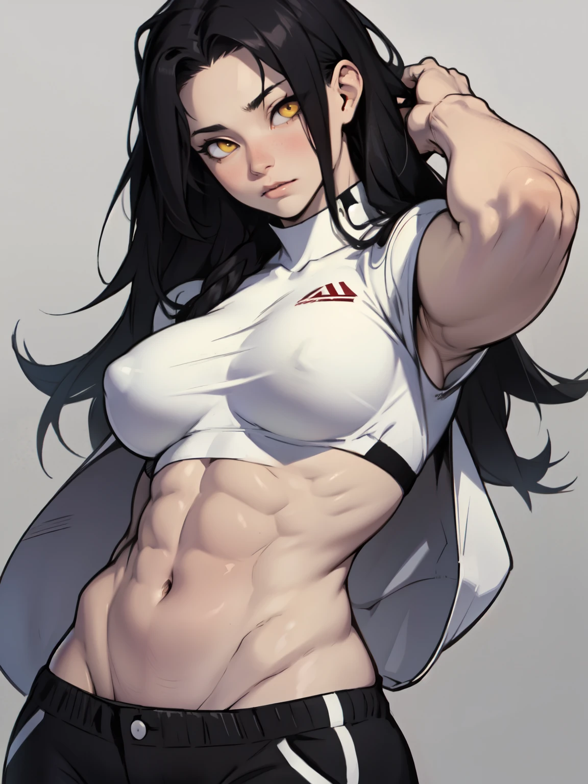 black hair yellow eyes pale skin muscular girl toned body large breasts empty eyes embarrassed