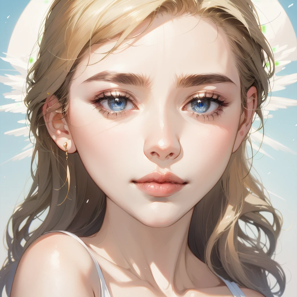 Best quality,masterpiece,ultra high res,beautiful, extremely detailed face, perfect lighting, perfect face, 16K, beautiful women, blonde girl, golden hair, long hair, blue colored eyes, Angelic beauty, ethereal beauty, Straight Nose, pale skin, Russian traits, light dress, offwhite, light pink.