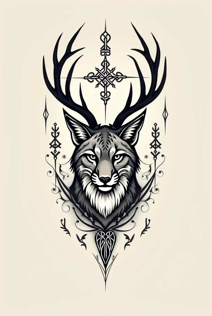 Could you create a sketch of a tattoo with just lines for the forearm of a lynx with deer antlers??, also with Nordic symbols