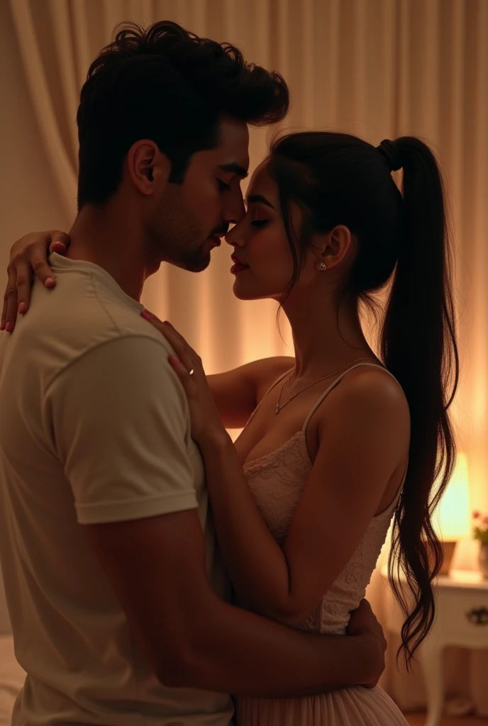 Create a image of a 25 year old indian girl in a room long black silky hair in high ponytaile style 4 year old boyfriend kissing her neck from back