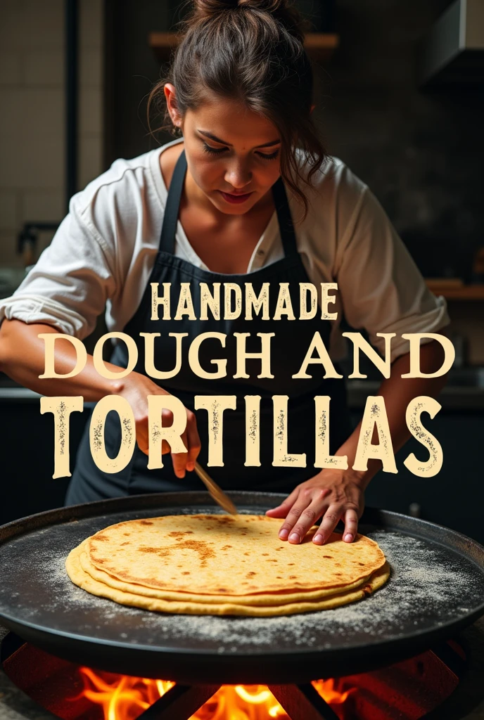 Logo for a business selling handmade dough and tortillas, Woman preparing tortillas by hand striking, on a griddle with fire, The tortilla looks very tasty and appetizing , with the text in the image of "HANDMADE DOUGH AND TORTILLAS" In uppercase