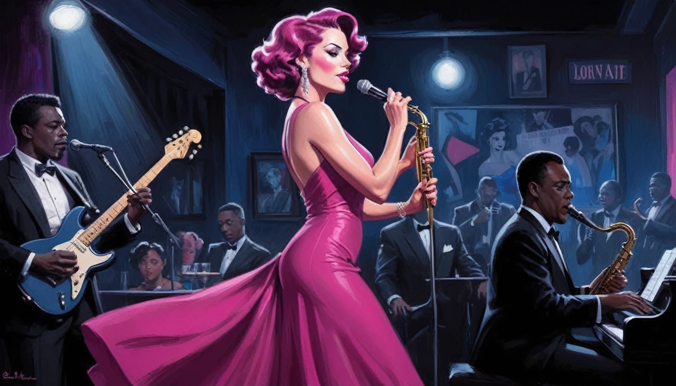 alabama bar, blue note, charismatic, baterist, guitarist, saxophonist, jazz band, fuchsia dress, illustration, noir fantasy, singer lady, 