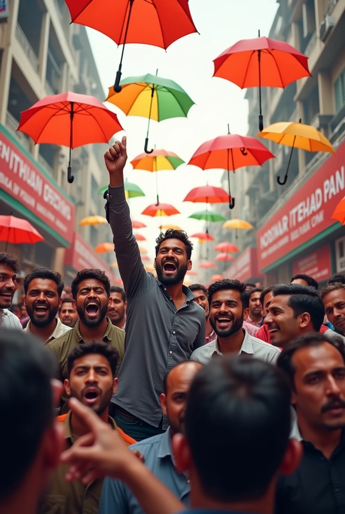 Kodinar ittehad panel  written on walls with asian male crowd with umbrellas cheering election win