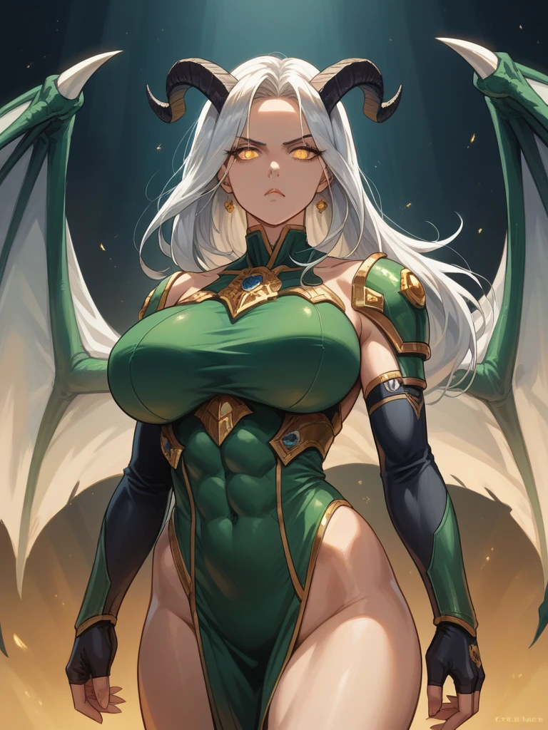 (masterpiece, best quality, high resolution, ((full body, standing,)),1(masterpiece, best quality, high resolution, ((full body, standing,)) , ,1 green dragon woman with beautiful appearance, sensual body,((huge breasts)) rock dragon tail and raises, big rock horns and claws, rock dragon wings, with leaves, with green scale armor, beautiful posture,
((full body))