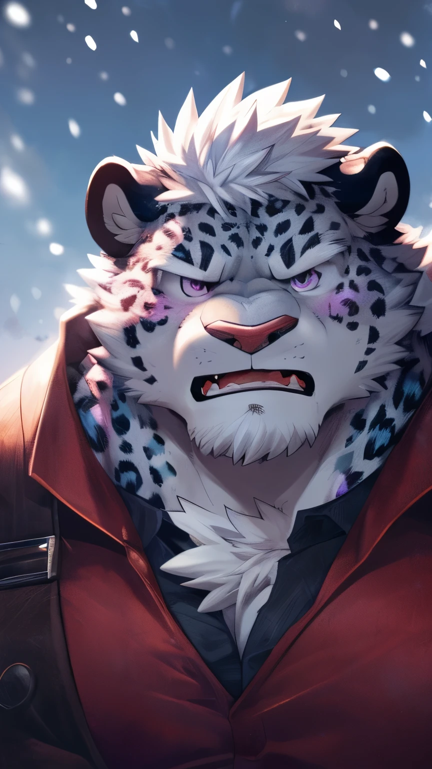 human nature, wild animals, male, 28 years old，youth，solitary, ((Round Face, The face is plump, Purple Eyes, Thick white hair，Scars)), ((Endomorph, Handsome，Hot Blood)), （Mecha suit，no electricity，exhausted), ((domestic snow leopard, Snow leopard orcs) Fluffy fur, Fluffy, grayish purple spots), (snow leopard print), Bokeh, (high quality, high resolution, masterpiece), (Dynamic Lighting, Vibrant colors), (angry，anger，blush), Detailed teeth, Full body pictures (Vision), cartoon, author：Takemoto Arashi, From Zixiong, author：Chunni, author：Ethereal，（background：Rainforest）