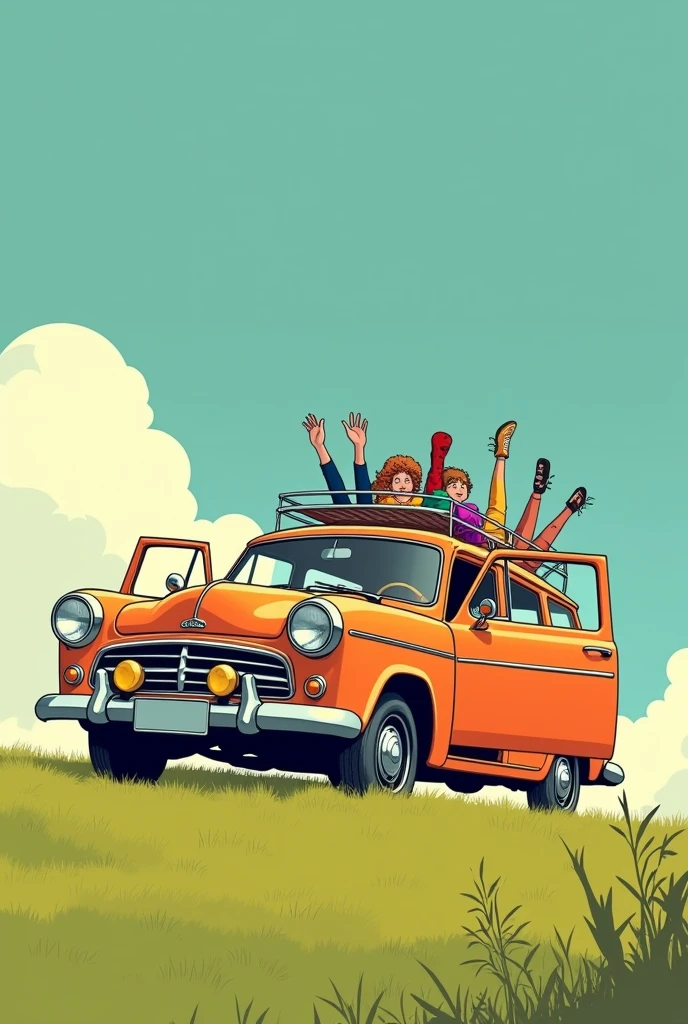 Help me with an image of a car with the doors open on the doors clothes hanging in perspective on a hill with some legs sticking out of the windows of the car in a retro 70s cartoon style