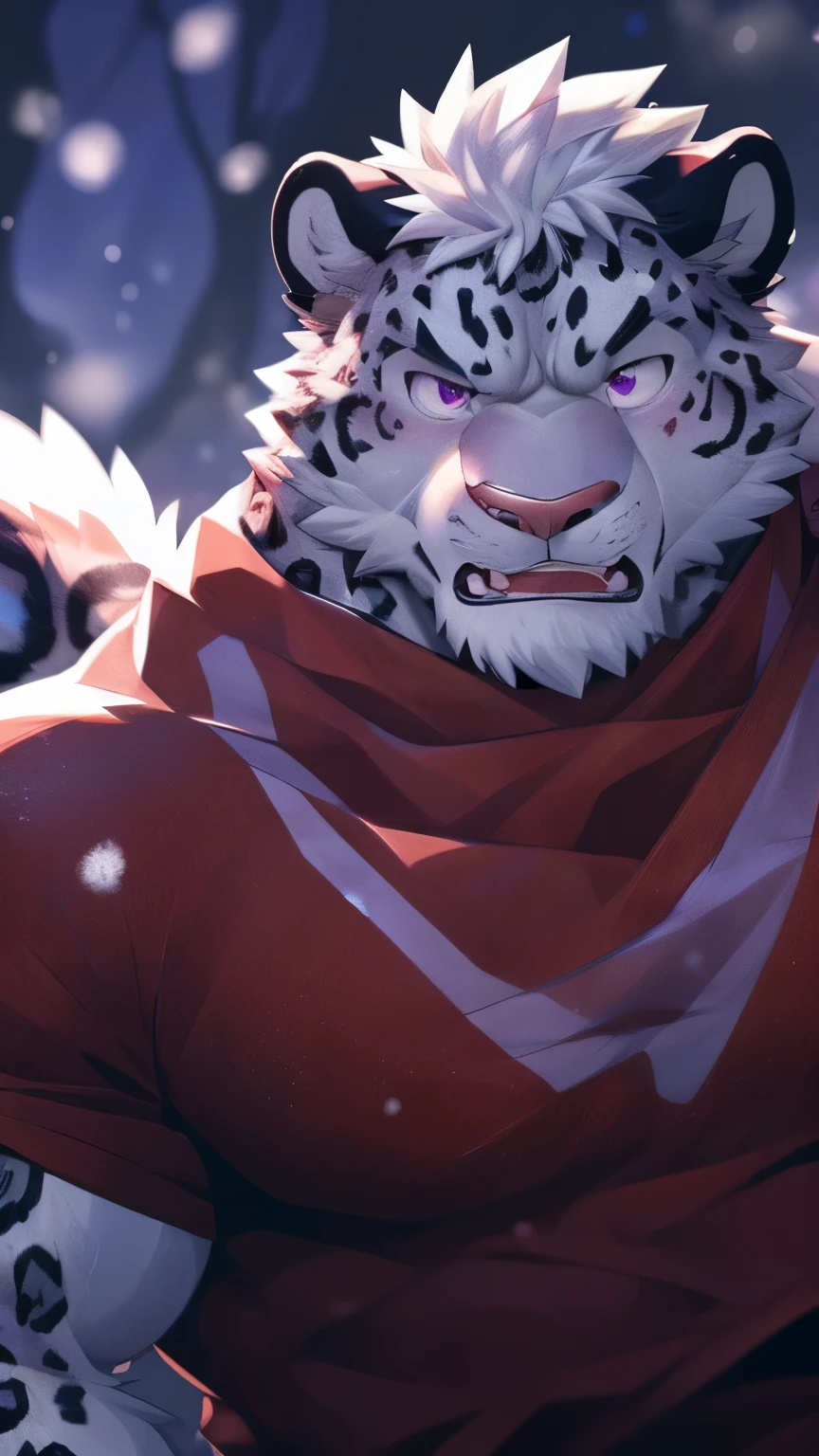 human nature, wild animals, male, 28 years old,youth,solitary, ((Round Face, The face is plump, Purple Eyes, Thick white hair,Scars)), ((Endomorph, Handsome,Hot Blood)), (Mecha suit,no electricity,exhausted), ((domestic snow leopard, Snow leopard orcs) Fluffy fur, Fluffy, grayish purple spots), (snow leopard print), Bokeh, (high quality, high resolution, masterpiece), (Dynamic Lighting, Vibrant colors), (angry,anger,blush), Detailed teeth, Full body pictures (Vision), cartoon, author:Takemoto Arashi, From Zixiong, author:Chunni, author:Ethereal,(background:Rainforest)