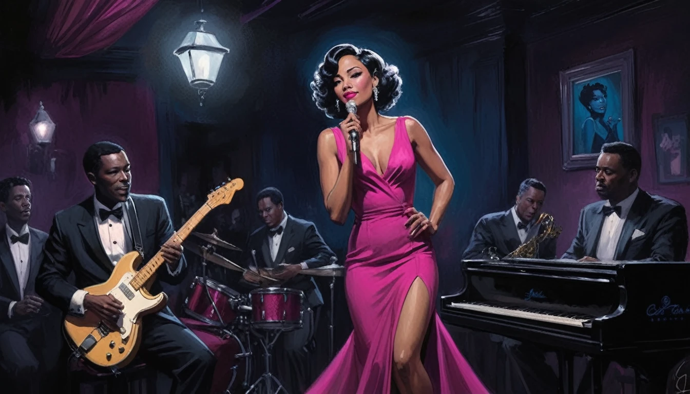 alabama bar, blue note, charismatic, baterist, guitarist, saxophonist, jazz band, fuchsia dress, illustration, noir fantasy, singer lady, 